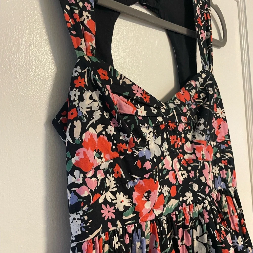 Free People Black Floral Midi Dress with Red & Pink Blooms size 4